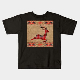 Christmas Deer Plaid Rustic Faux Burlap Look Unique Mugs, Pillows, Bedding & Other Gifts Kids T-Shirt